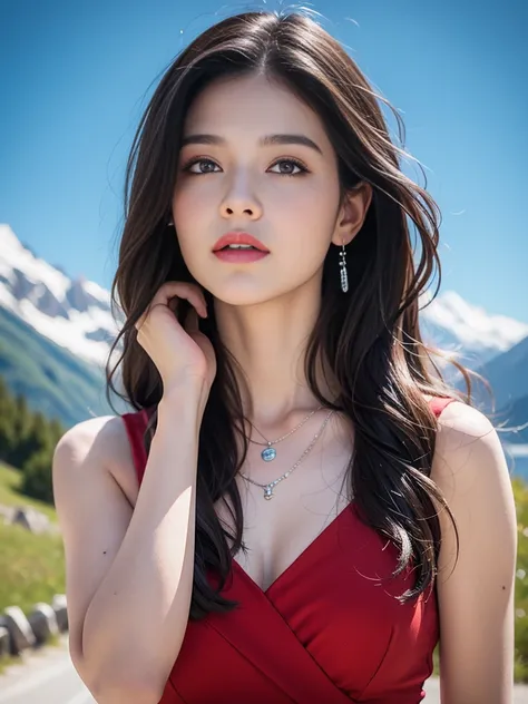 masterpiece,ultra realistic,32k,extremely detailed CG unity 8k wallpaper, best quality,
The Swiss Alps, Switzerland, ( Dark red A-line dress ) ,((spring day )), Beachy waves with a side part ,eardrop,lady ,necklace,