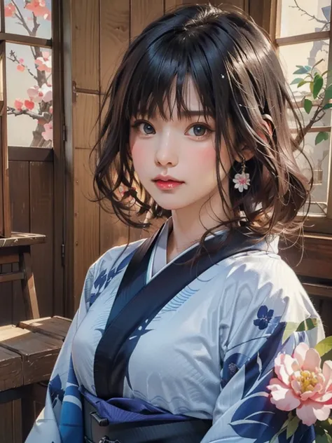 (highest quality、8k、32k、masterpiece)、(masterpiece,up to date,Exceptional:1.2), anime,One girl,Front hair,black_hair, Beautiful 8k eyes,Looking_in_Audience,One person in,Are standing,((Very beautiful woman, Fuller lips, Japanese pintern kimono))、((Colorful ...