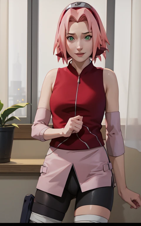 naruto_sakura_combat_ownwaifu,
1girl, haruno sakura, short hair, pink hair, green eyes, hair intakes, collarbone, forehead prote...