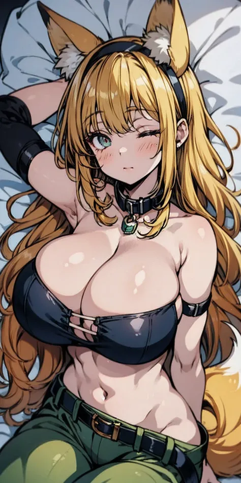 (Masterpiece) Roxanne Demin kin 1girl, solo, breasts, large breasts, navel, cleavage, hairband, collar, (fox girl, fox floppy ears, 1tail), black collar, green pants, eyes closed, sleeping, lying on bed, waist up, leather slave collar choker, bracers, lift...