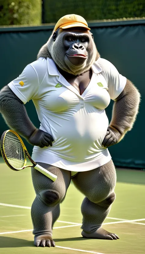 photorealistic portrait of Dressed animals - a (fat) gorilla tennis player,(hand on hip:1.5),(happy smile),(furry), high quality,(lovely) ,intricate details, highly detailed (female tennis wear), holding tennis racket,　grass tennis court background, (happy...