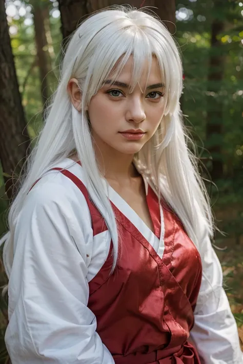 A realistic picture of Inuyasha with white hair and red clothes