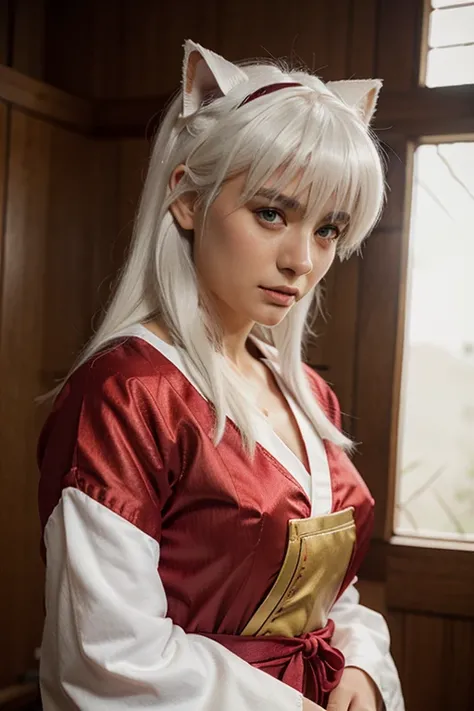 A realistic picture of Inuyasha with white hair and red clothes