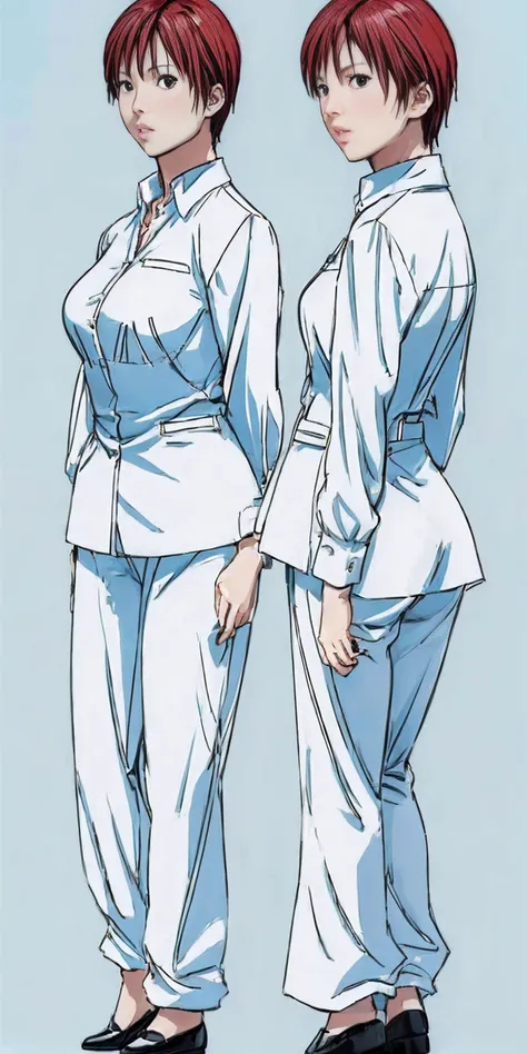 (plain background, 8k, best quality, masterpiece, realistic, photo-realistic:1.37) (Kei Kishimoto) View looking up from the ground behind, Two office ladies standing side by side in a half-squat position, Sticking out her butt)), milf, business suit