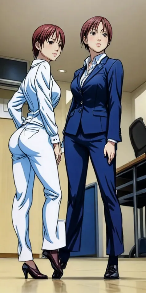 (Kei Kishimoto) View looking up from the ground behind, Two office ladies standing side by side in a half-squat position, Sticking out her butt)), milf, business suit