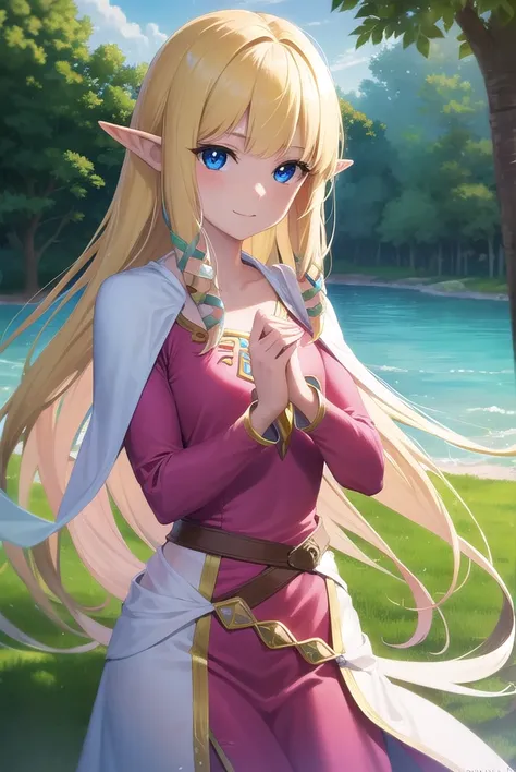 princesszelda, zelda skyward sword, blonde hair, blue eyes, long hair, pointy ears, sidelocks, elf, bangs, blunt bangs, ribbons,...