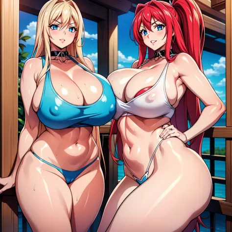 High resolution, Highschool Dxd, Rias Gremory, 1girl, ((bimbo))), long blond  hair, blue eyes, erotic smile face, sexy face, puffy lips, painted lips, thick lips, wide hips, thick thighs, thick hourglass figure, busty, enormous Natural breasts, shiny skin,...