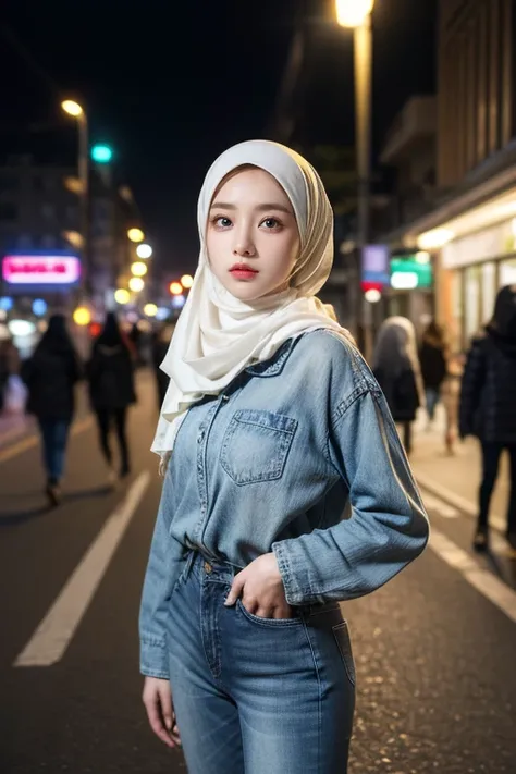 (realistic photos of Hijab Korean female, slightly smile,expressive eyes,eye makeup,street light background,standing posture,confident attitude,Eye-Level Shot, slightly blurry background,UHD,masterpiece:1.2,highres,16k), long Jeans