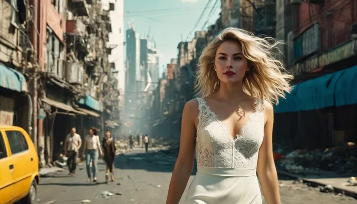 ((high angle camera view from above)) cinematic wide angle full body shot of a short white dressed stylish european long blonde wavy haired woman walks down a street of a cyberpunk megacity at daytime after a nuclear war in a futuristic Dystopian city. Hap...