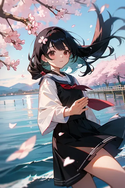 One girl,Black Hair, Floating Hair, Seaside,景color,landscape,cherry blossoms, Falling petals, Sunbeam,God&#39;s Rays,Upper Body,  color,dress,kimono