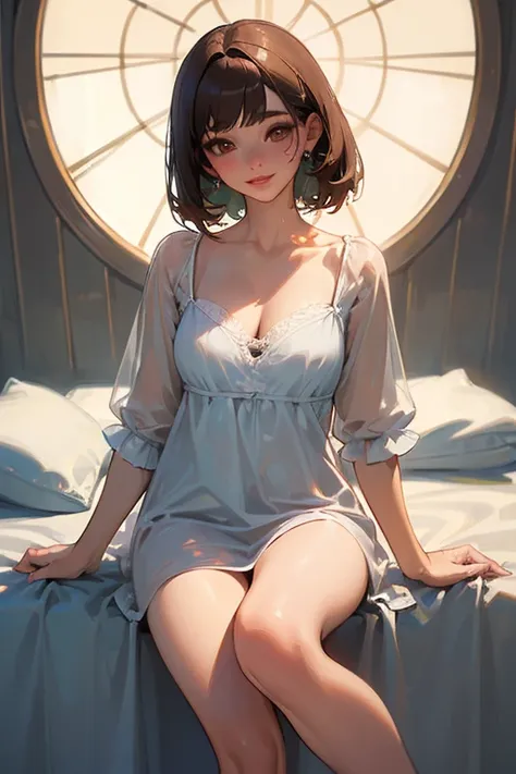 (highest quality, masterpiece: 1.3), girl: 1, sexy: 1.5, Bob Hair, Brown Hair: 1.3, (Wet body: 1.2), Nightgown, beautiful, Cleavage, Highly detailed face, Detailed lips, Fine grain, double eyelid, sexy, smile, beautiful Legs