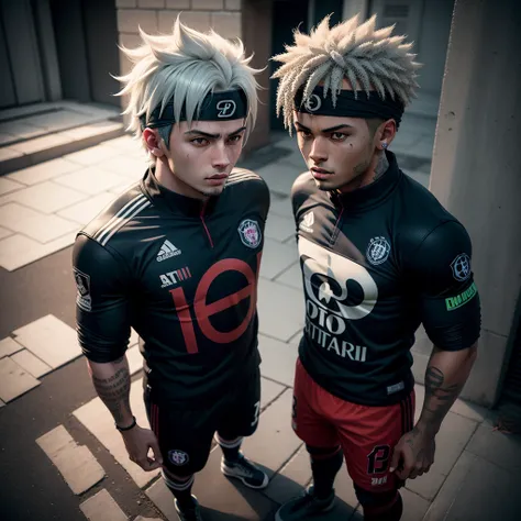 Kakashi Jr. and Neymar football player photo , Abandoned in the alley,..3D,4D,Surreal, illumination,Dark Minds,Details on the skin