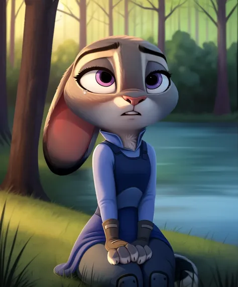 judy hopps sat in the forest by the lake at night and cried, puppy eyes, tears, pink heart dress, white long gloves