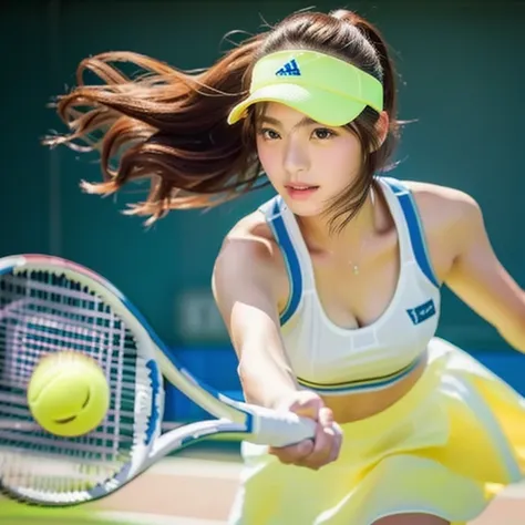 Photo-realistic quality、Wearing white tennis wear and hitting a tennis ball２０College girl years old, A girl playing tennis, Yellow tennis ball、West Shot,  tennis racket, Japanese tennis player、Idols playing tennis、Hitting a yellow tennis ball、Watch a tenni...