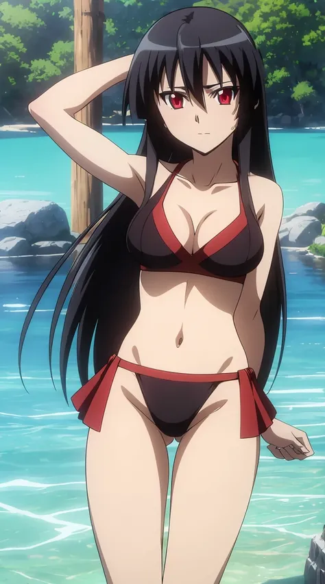 akame (Akame ga Kill) Anime Art Style, masterpiece, Best quality,1 girl,very long black hair, perfect face, expressive eyes, Red eyes, in a black bra, in a black bikini, sexy pose ,nude body, on the beach, Injure, Sun, лежит на sun loungerе, sun lounger,