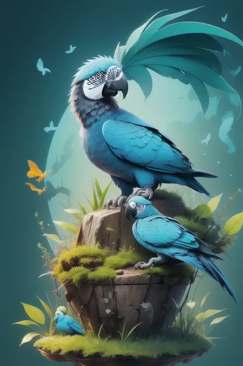 Cute and adorable cartoon blue parrot, fantasy, dreamlike, Surrealism, Super cute, Art season trend with forest as background, 