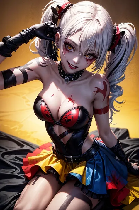 tattoo girl, very beautiful, murderous, Harley Quinn, crazed look, dark background, 8K, dynamic wallpaper, very delicate, very dense, creepy smile, close up to camera, selfie, yellow prom dress with blood splotches on the dress, prom background, kneeling 