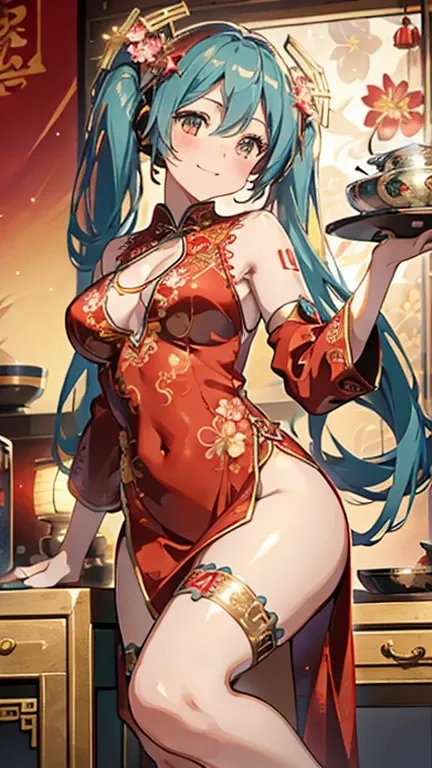 (((Masterpiece))),(((Super Detail))),(((in 8K))),(((best composition))),(((Rim lighting,Fireglow effect,deep shadow))),solo,(Hatsune Miku:1.6),beautiful detailed eyes,double bun with glittering hair ornament,(super detailed glossy skin:1.3),slender body,ti...