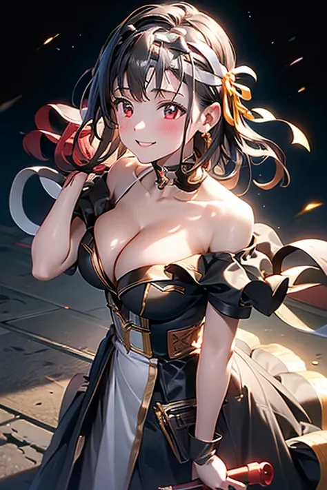 yor briar, anime style beutiful woman, 1girl, happy, smile, red face, closed mouth, beautiful detailed eyes, super detailed skin, backlighting, bare shoulders, black background, black dress, black gloves, black hair, breasts, dress, earrings, fingerless gl...