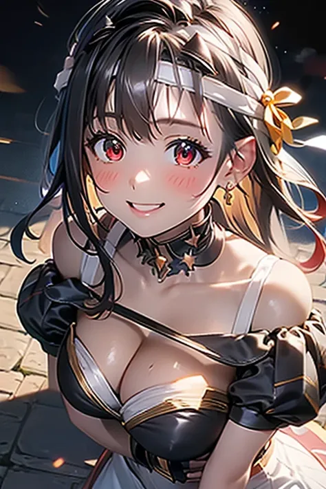 yor briar, anime style beutiful woman, 1girl, happy, smile, red face, closed mouth, beautiful detailed eyes, super detailed skin, backlighting, bare shoulders, black background, black dress, black gloves, black hair, breasts, dress, earrings, fingerless gl...