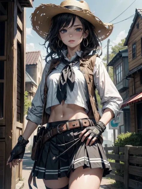 cowgirl costume, vest, cowboy hat, fingerless gloves, midriff, neckerchief, short skirt, holster, absurdres, RAW photo, extremely delicate and beautiful, masterpiece, Best Quality, ultra high resolution, 32k, hyperrealistic, ultra-detailed, perfect figure,...