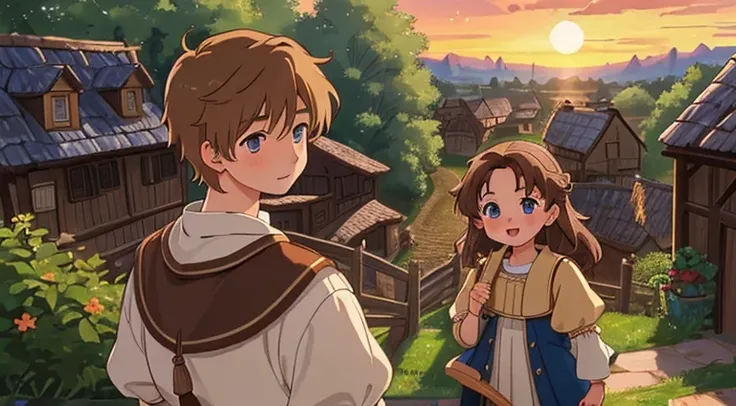 (Best quality:1.2), (masterpiece:1.2), (very detailed:1.3), 1 boy, 1 Girl, 1 peasant boy, Brown hair, brown eyes and one peasant girl, blonde, Blue eyes, (chat), happy, in a peasant village, sunset, when day turns to night, The starry sky begins to appear ...