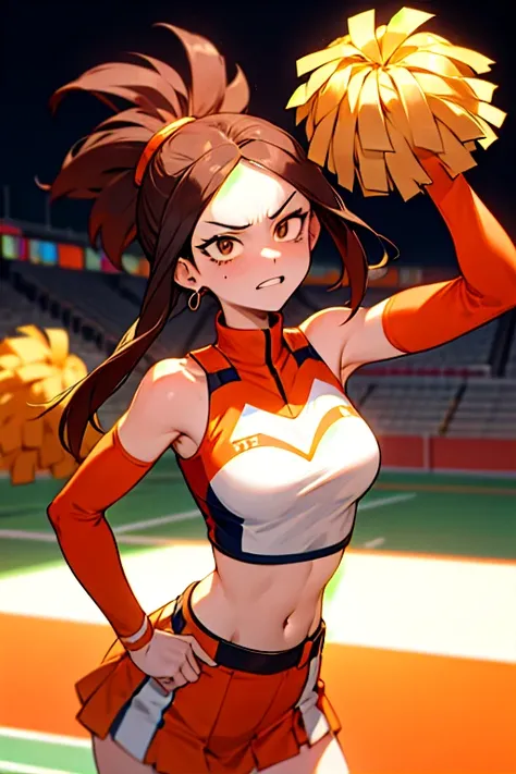 captura de pantalla de my hero academia,
beautiful girl with brown eyes white skin with piercings,long brown hair with a neon green streak and bangs dressed in sleeveless orange UA cheerleader outfit at the orange my hero academia festival with a rather an...