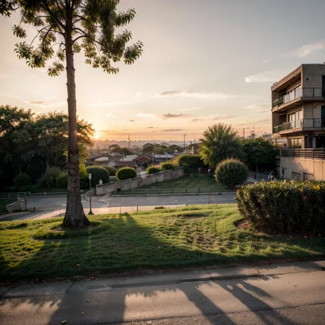 Show me a pov from a park during sunset orange skies.