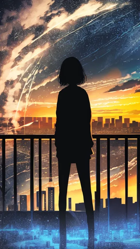 anime,silhouette,1girl, star (sky), cloud, cityscape, building, city, outdoors, skyscraper, city lights, night, night sky, sunset, skyline