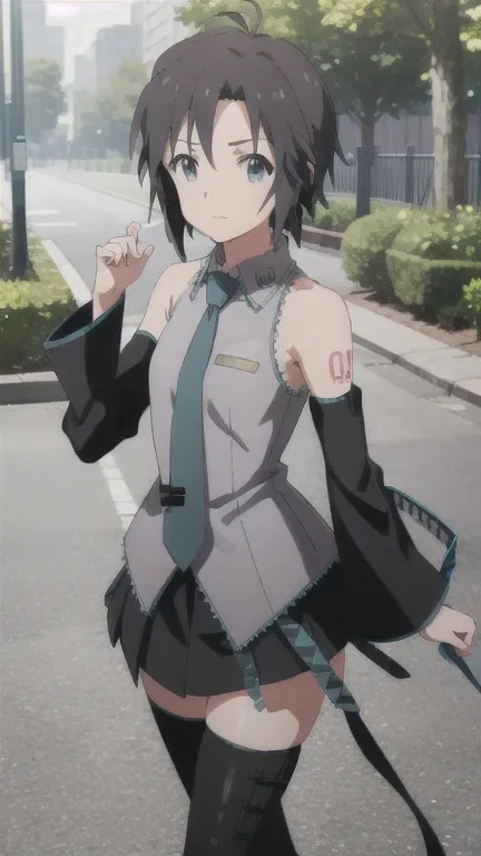 solo, 1girl, makoto kikuchi, miku outfit, sleeveless shirt, grey shirt, detached sleeves, necktie, arm tattoo, skirt, thighhighs, thigh boots