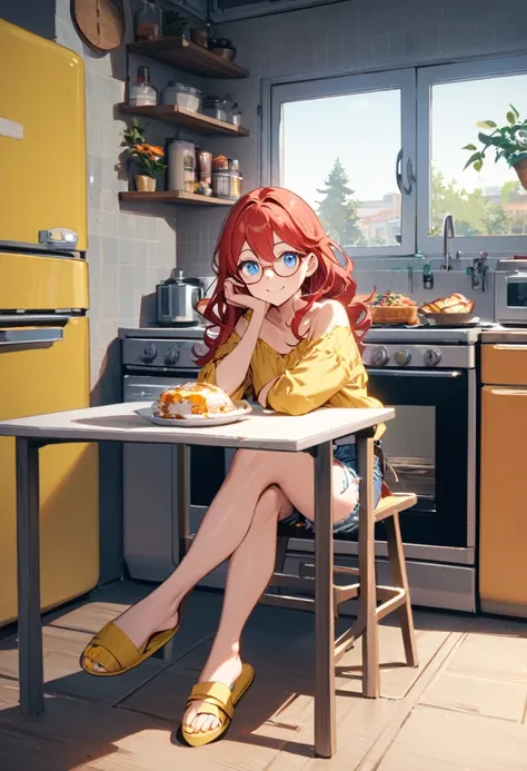 Girl with wavy red hair, blue eyes, glasses, torn denim shorts and slippers in the kitchen, having a delicious breakfast with a view of the microwave stove, refrigerator, sitting on a chair in front of a table with legs crossed, with Anabela sandals yellow...