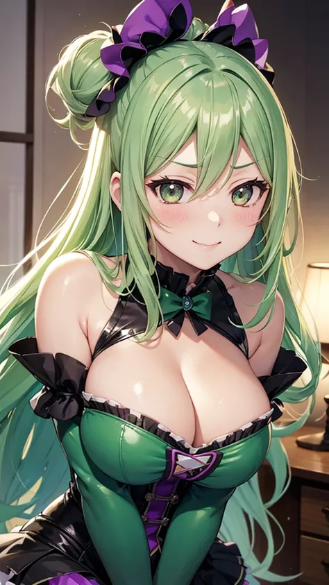 Erotic、BanG Dream!　Saya Hikawa、Light green hair、Shiny Hair、Big Breasts、Shiny purple body conscious、Dimly lit bedroom、Smirking face、Evil female executive