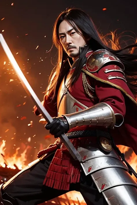 Oda Nobunaga on the battlefield, wearing armor and holding a sword, fierce battle scene, moment of victory, powerful figure