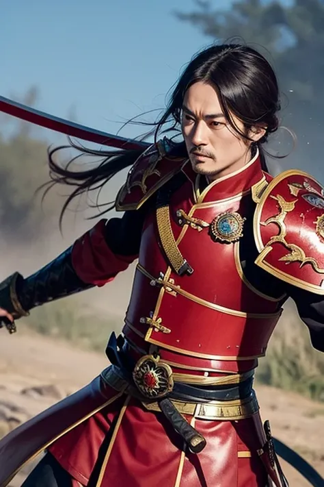 Oda Nobunaga on the battlefield, wearing armor and holding a sword, fierce battle scene, moment of victory, powerful figure