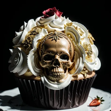 A mesmerizing dark fantasy dessert masterpiece by Skull Cake Shop 99. It features a scrumptious strawberry cupcake with two glossy skulls on top, adorned with two striking, contrasting glossy delicate designed skulls atop, and a cloud of smooth, white whip...