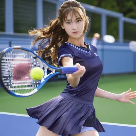 Photo-realistic quality、白色のTennis Wearーを着てテニスラケットを振っている２０College girl years old, a girl Playing tennis, Tennis Wear, Playing tennis, Realistic rackets, Detailed and beautiful eyes、Playing tennisアイドル、Grey skort、The moment the yellow ball is hit、