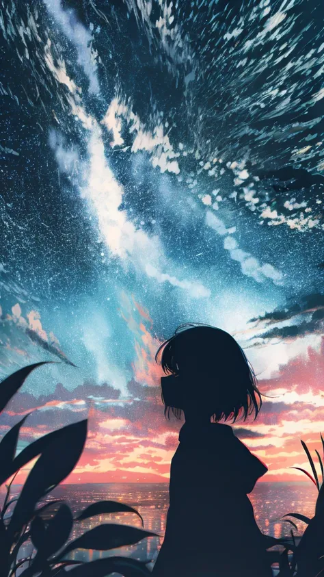 anime,silhouette,1girl, cloud, outdoors, skyscraper, city lights, blue sky, skyline,morning,waking,In nature,Mountain