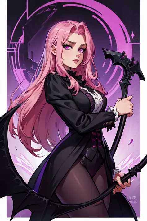 a  handsome pink haired man with violet eyes with long hair in a black gothic victorian suit is spinning a scythe in the underwo...