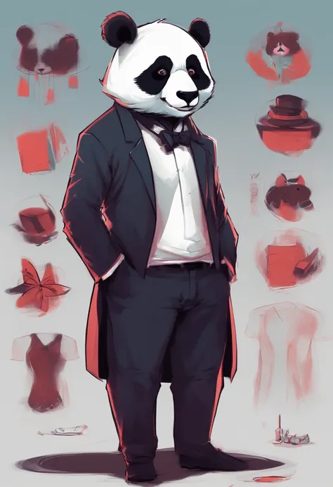 anthropomorphic panda, de cuerpo entero, vestido formalmente con un blazer, sostiene una bandeja, pegatina de panda, sticker de panda.