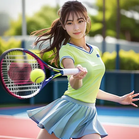 photo-realistic quality、白色のtennis wearーを着てテニスラケットを振っている２０college girl years old, a girl playing tennis, tennis wear, playing ten...