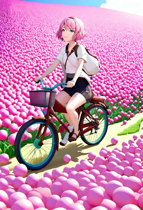 a woman riding a bike through a field of pink balls, a low poly render, inspired by Nagasawa Rosetsu, trending on pixiv, realism, cute girl with short pink hair, beautiful avatar pictures, pink waterfalls, hyper-realistic cg
