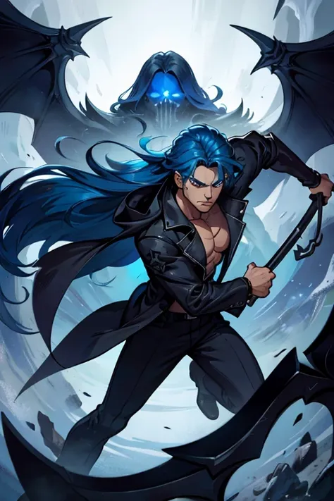 A muscular blue haired male reaper with  silver eyes and long hair is spinning  a scythe in the underworld