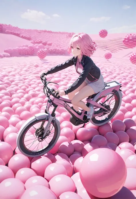 a woman riding a bike through a field of pink balls, a low poly render, inspired by Nagasawa Rosetsu, trending on pixiv, realism, cute girl with short pink hair, beautiful avatar pictures, pink waterfalls, hyper-realistic cg
