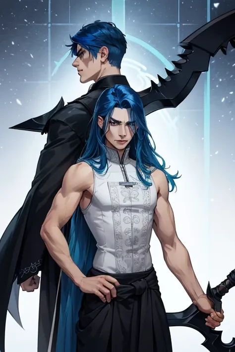 A muscular blue haired male reaper with silver eyes and long hair is spinning a scythe in the underworld
