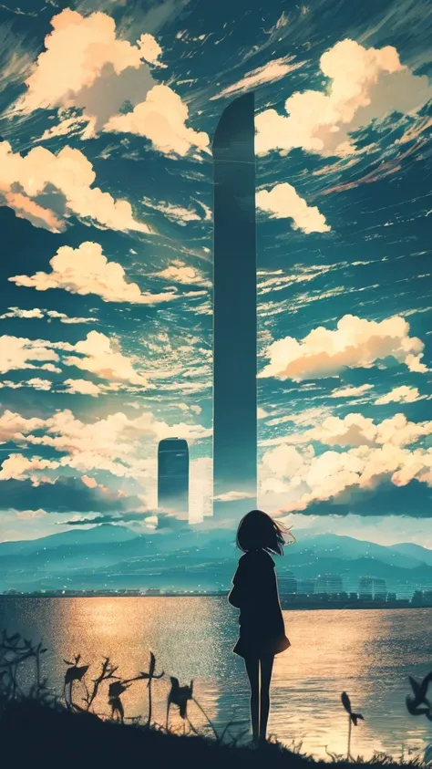 anime,silhouette,1girl, cloud, outdoors, skyscraper, city lights, blue sky, skyline,morning,waking,In nature,Mountain,Couple