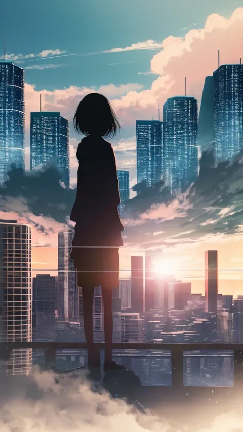 anime,silhouette,1girl, cloud, outdoors, skyscraper, city lights, blue sky, skyline,morning,waking,In nature,Mountain,Couple