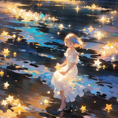 Woman on a swing,Panorama,whole body、On the water,Ocean, Starry Night,Dark night sky,moon,_Many star marks, colorful, Pastel and bright colors, Mysterious colors,Panorama,、 High translucency gradient hair, beautiful, Art Style,Delicate and delicate golden ...