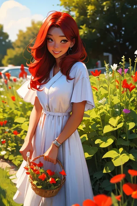 a red haired woman with red eyes and an hourglass figure in a cute summer dress is picking flowers in the garden with a shy smile