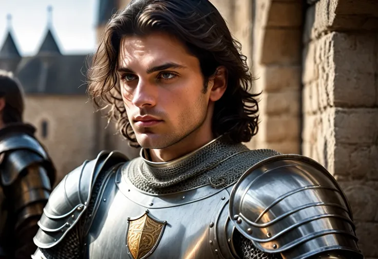 (highly detailed, detailed eyes, soft light, photorealistic, realistic light; cinematic) gorgeous 28-year-old male medieval knight with dark hair wearing full-plate armor looking over his shoulder with longing, looking at camera, expression of vulnerable l...