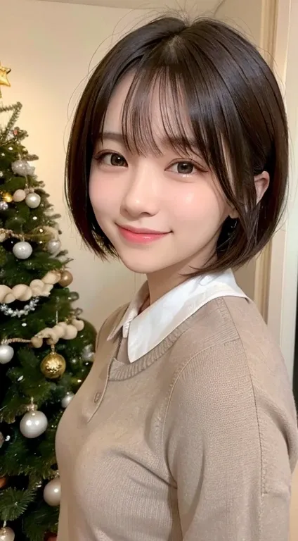 She is a woman with a cute smile、Thin lips、Small eyes、Very short brown hair、Small Nose、Christmas tree background、